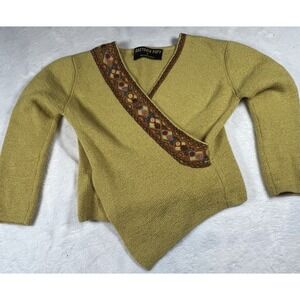Factoria Paty‎ 100% Baby Alpaca Aztec Woven V Neck Sweater Size Small Mustard